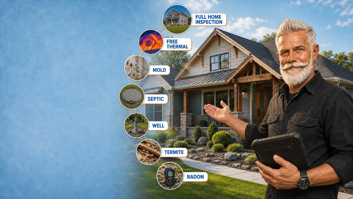 Inspector beside a home with inspection service labels